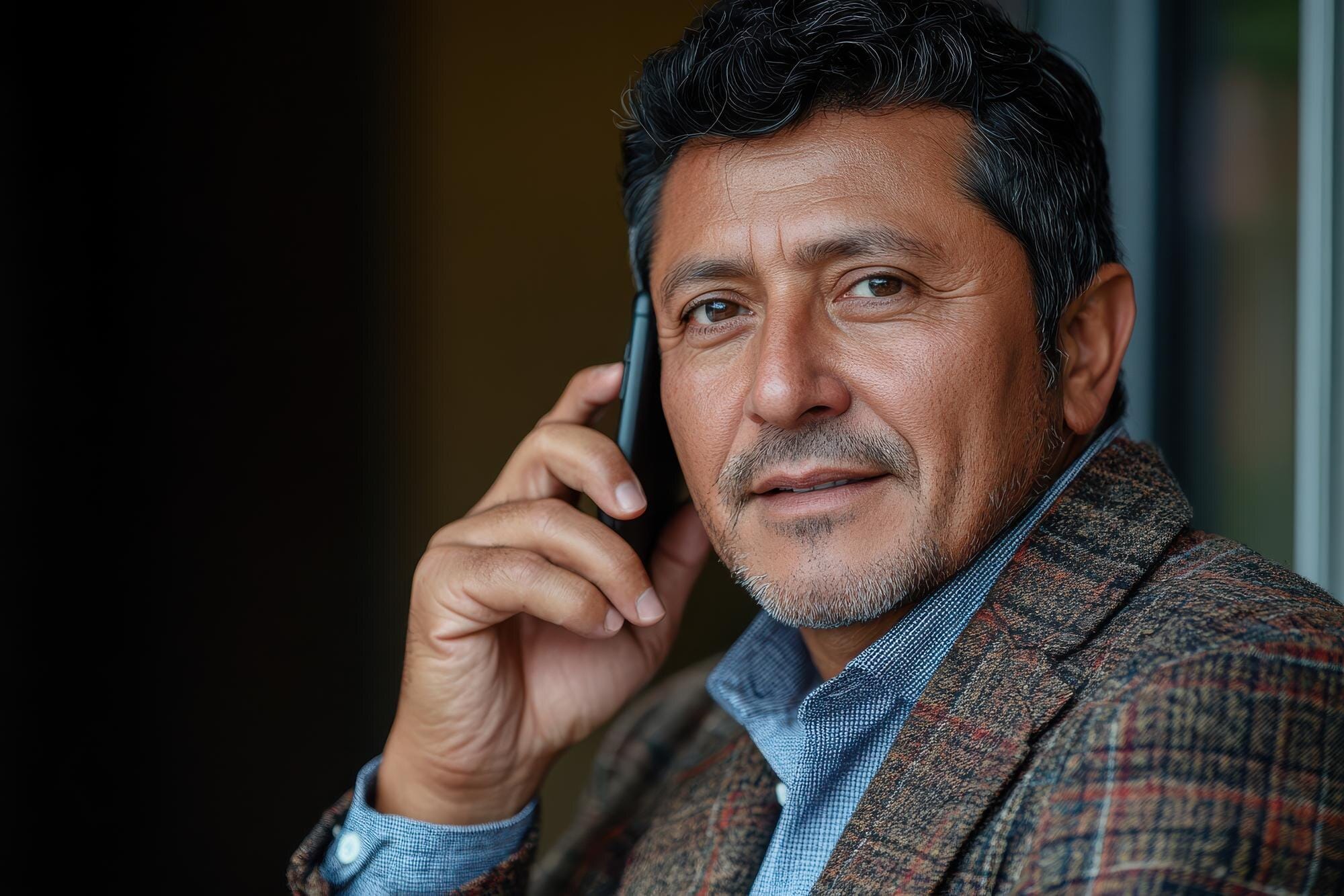 Hispano hablando con calma por teléfono al aprender cómo hablar con un cobrador de deudas