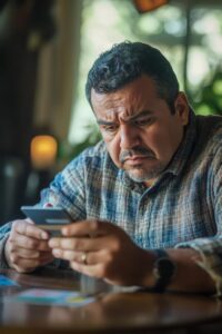Hombre hispano de mediana edad mirando su teléfono con preocupación por sus deudas de tarjetas de crédito