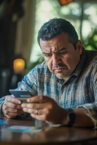 Hombre hispano de mediana edad mirando su teléfono con preocupación por sus deudas de tarjetas de crédito