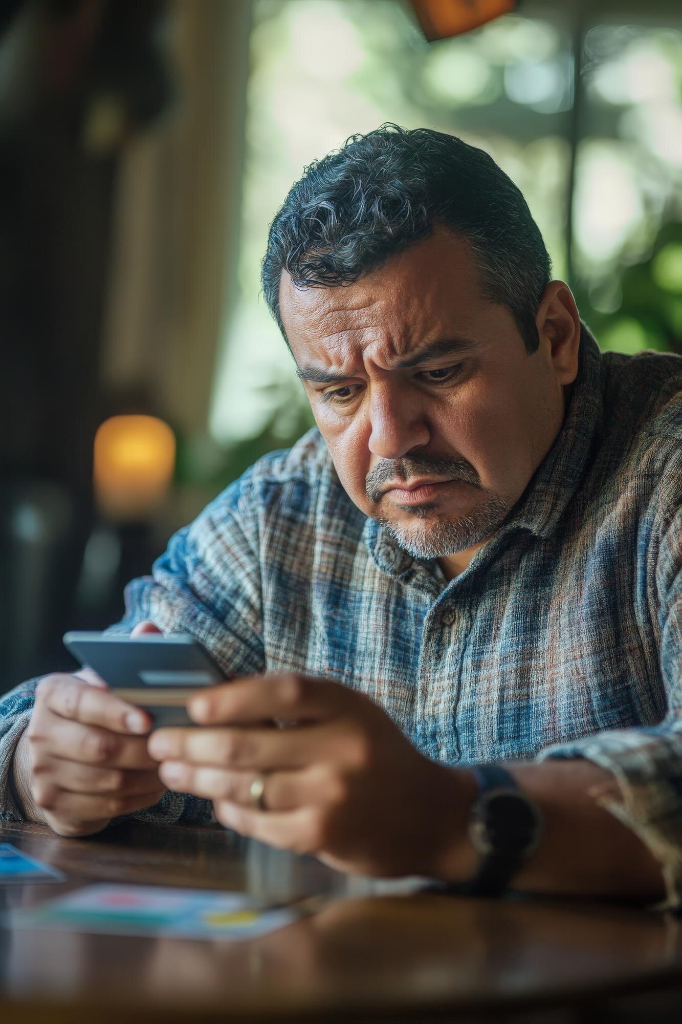 Hombre hispano de mediana edad mirando su teléfono con preocupación por sus deudas de tarjetas de crédito