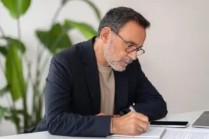 Hombre de mediana edad con gafas firmando documentos del capítulo 7 bancarrota estados unidos en oficina