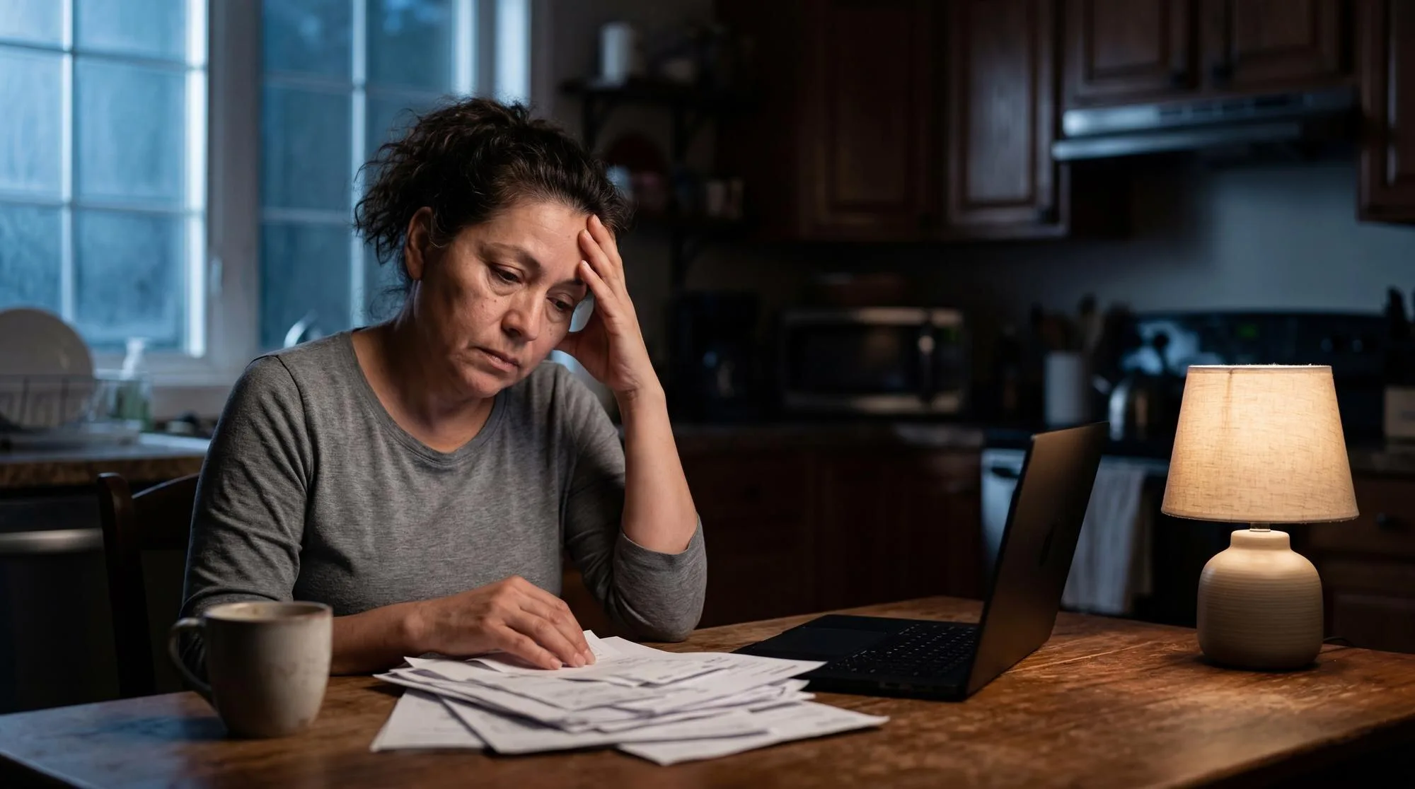 Mujer hispana de mediana edad con estrés revisando facturas de deudas en la cocina