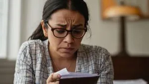 Mujer adulta estresada revisando facturas y documentos financieros por embargo de salario en estados unidos